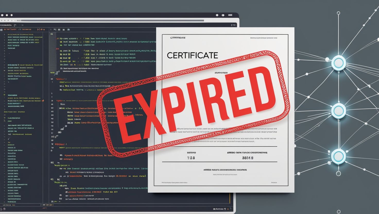 Истекший цифровой сертификат с красной печатью EXPIRED на фоне кода программного обеспечения и сетевой схемы безопасности
