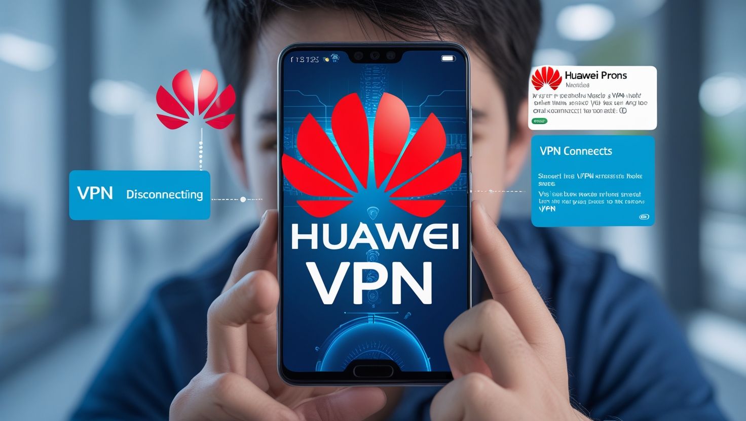 Мужчина держит смартфон Huawei с логотипом VPN на экране для безопасного интернет подключения и обхода блокировок без потери конфиденциальности