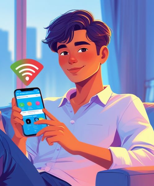 Молодой человек сидит на диване и держит смартфон с экраном, на котором отображается значок Wi-Fi, в современном интерьере с мягким освещением.