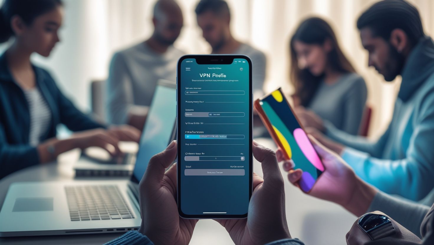 Человек держит смартфон с настройками VPN-профиля на фоне команды, работающей с ноутбуками и мобильными устройствами в современном офисе