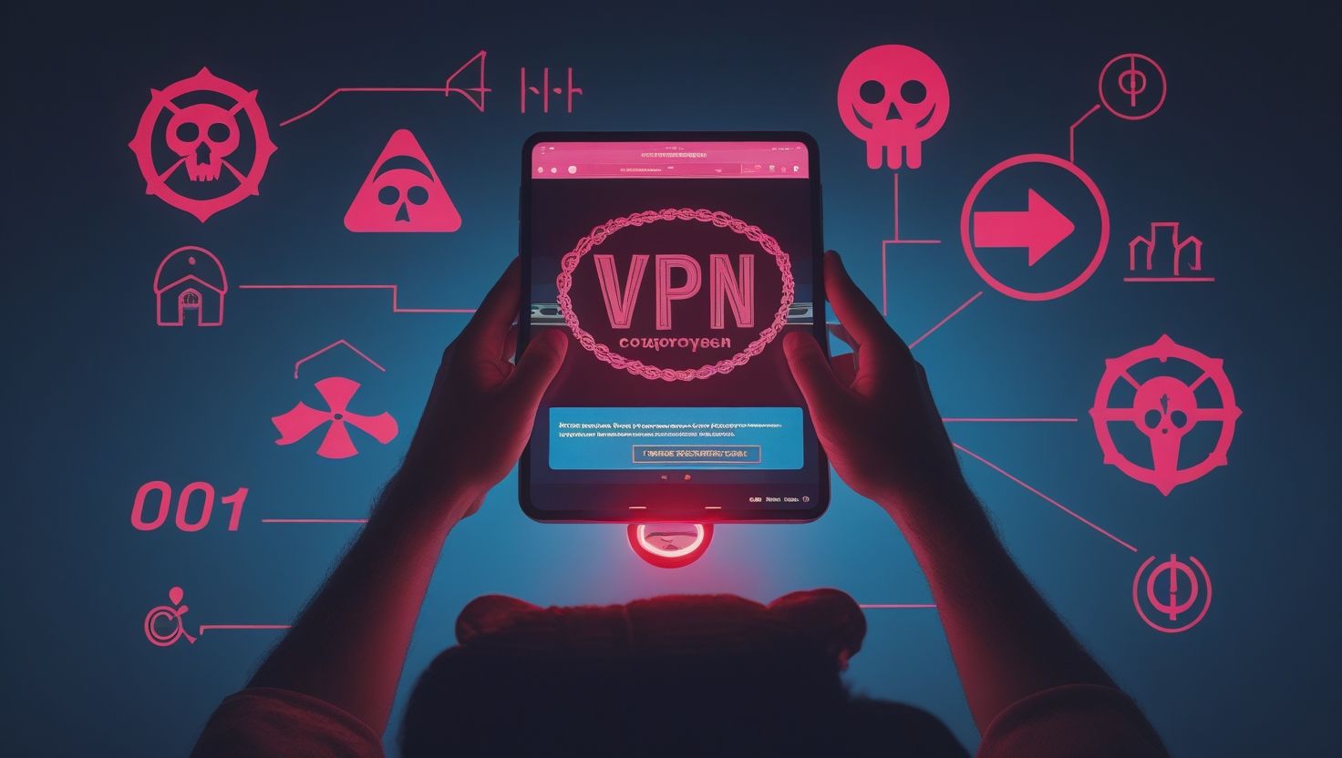 Человек держит планшет с предупреждением о заражённом VPN, окружённый красными кибернетическими символами, символизируя киберугрозы, хакерские атаки и цифровую безопасность