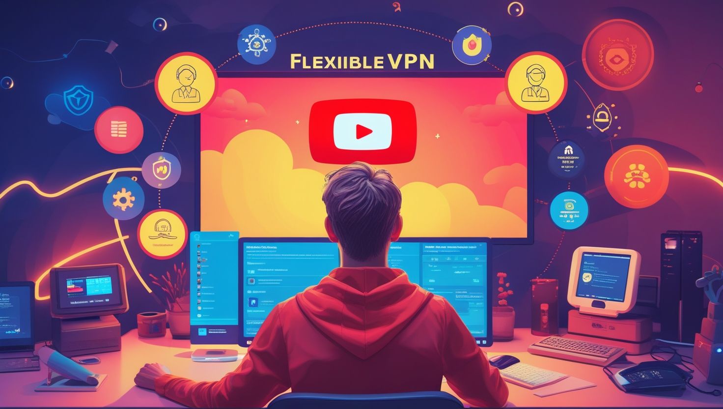 Человек за компьютером использует VPN для безопасного доступа к YouTube, окруженный иконками кибербезопасности и защиты данных