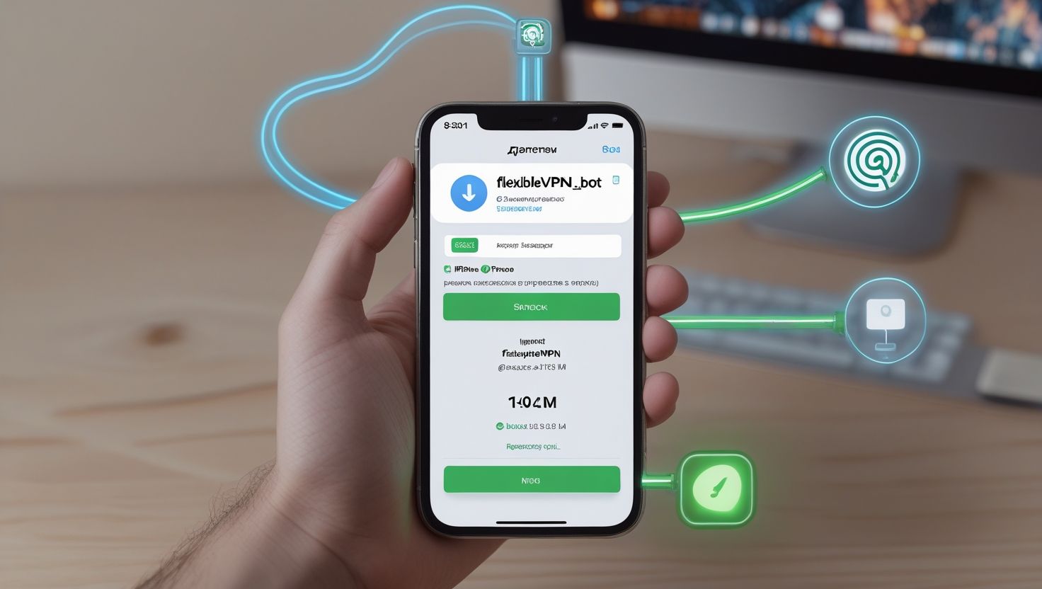 смартфон в руке с открытым приложением flexivpn бот на фоне рабочего стола с компьютером и иконками сети