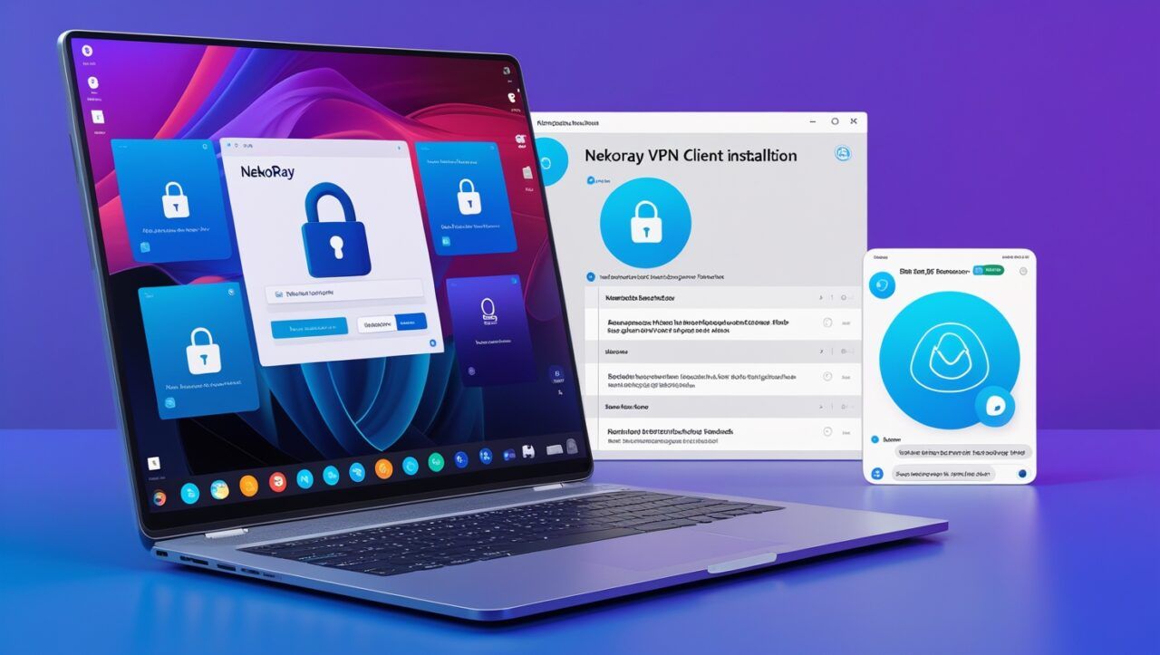 Современный ноутбук с экраном Windows, показывающий пошаговый процесс установки клиента NekoRay, иконки безопасности и интерфейс Telegram-бота.