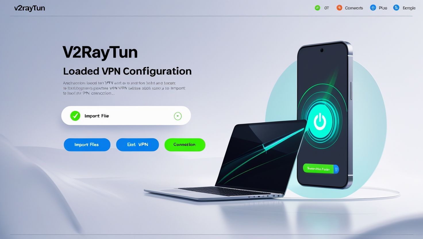 Интерфейс V2RayTun с настройками VPN, кнопками импорта файла, подключения и выхода, изображением ноутбука и смартфона с активным соединением