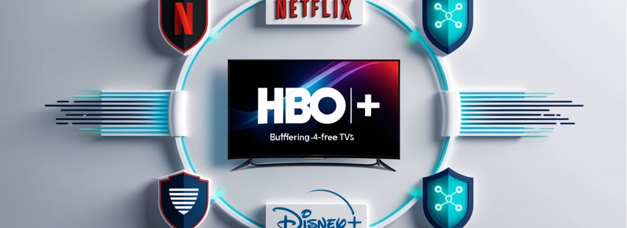 Графическое изображение с логотипами Netflix, HBO, Disney+ и 4K телевизором в центре, окруженным значками Wi-Fi.