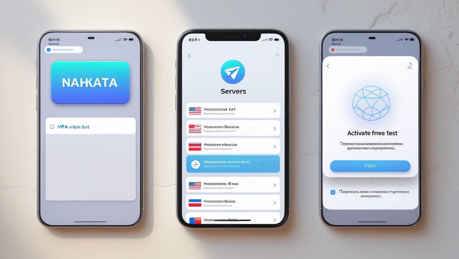 Три смартфона с интерфейсом VPN-приложения, выбор серверов, активация бесплатного теста и подключение к защищенной сети