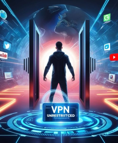 человек перед виртуальной дверью с логотипами netflix youtube twitter символизирующий доступ к контенту через vpn