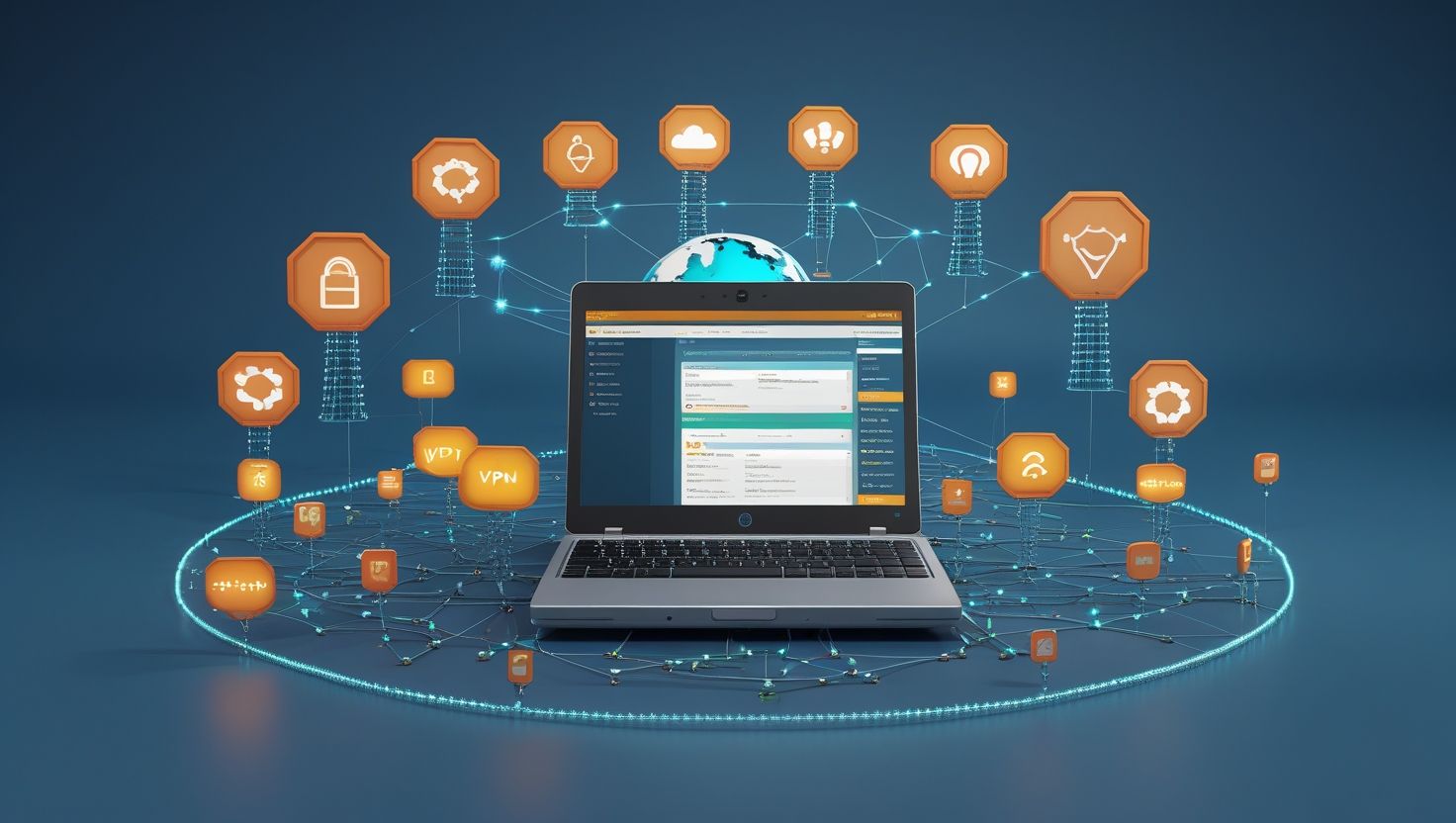 Ноутбук с сетевыми иконками VPN, безопасности и облачных технологий, подключённый к глобальной цифровой сети, символизируя киберзащиту, анонимность и управление данными в интернете