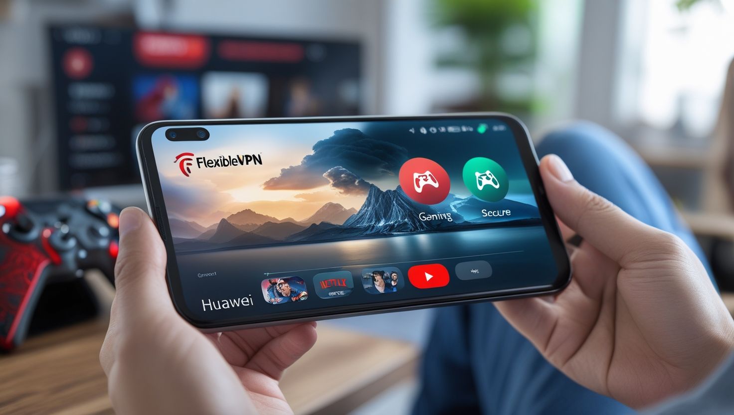 Смартфон Huawei с открытым приложением VlexVPN игровой режим безопасное подключение доступ к Netflix плавный стриминг VPN для гейминга