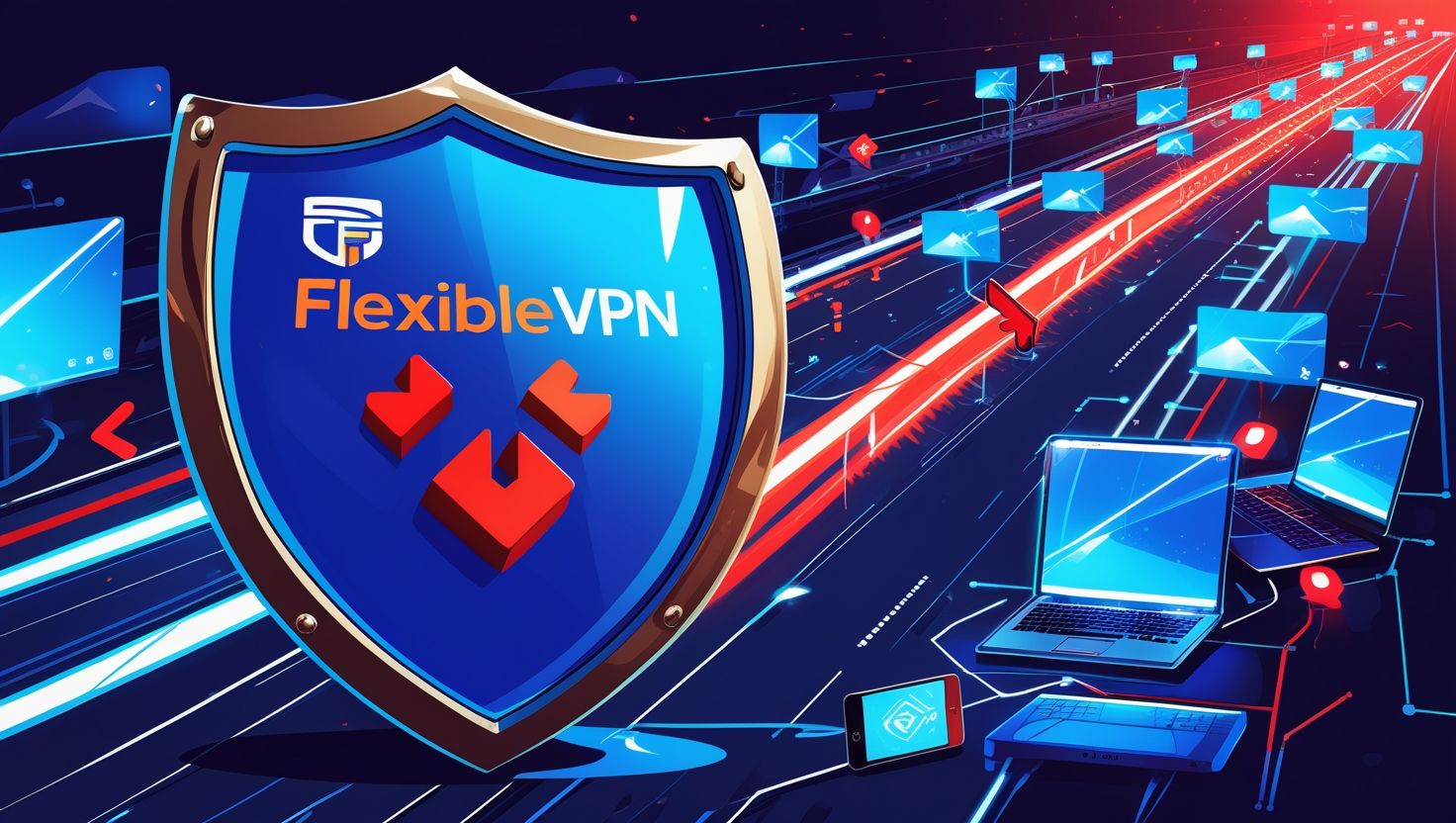 На изображении представлен щит с логотипом VlexVPN, символизирующий защиту и безопасность в интернете. Фон выполнен в киберпанковом стиле, с高速-линиями передачи данных, множеством экранов, ноутбуков и мобильных устройств, соединённых сетью. Красные стрелки и потоки данных создают ощущение высокой скорости и технологичности. Щит занимает центральное место, подчеркивая надежность VPN-сервиса