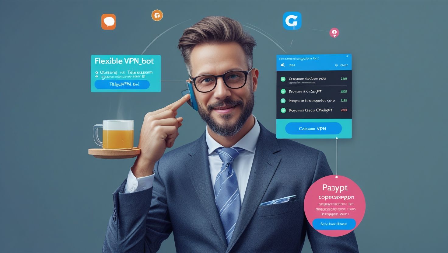 Мужчина в костюме с цифровыми элементами интерфейса VPN, чат-бота и безопасности данных, символизируя киберзащиту, анонимность и современные технологии подключения