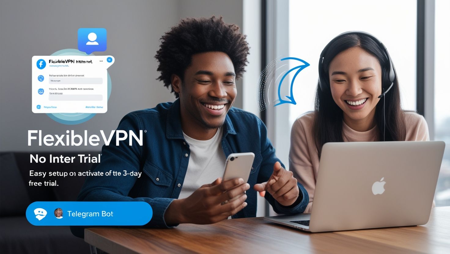 Двое людей используют VlexVPN на смартфоне и ноутбуке с активацией пробной версии через Telegram Bot