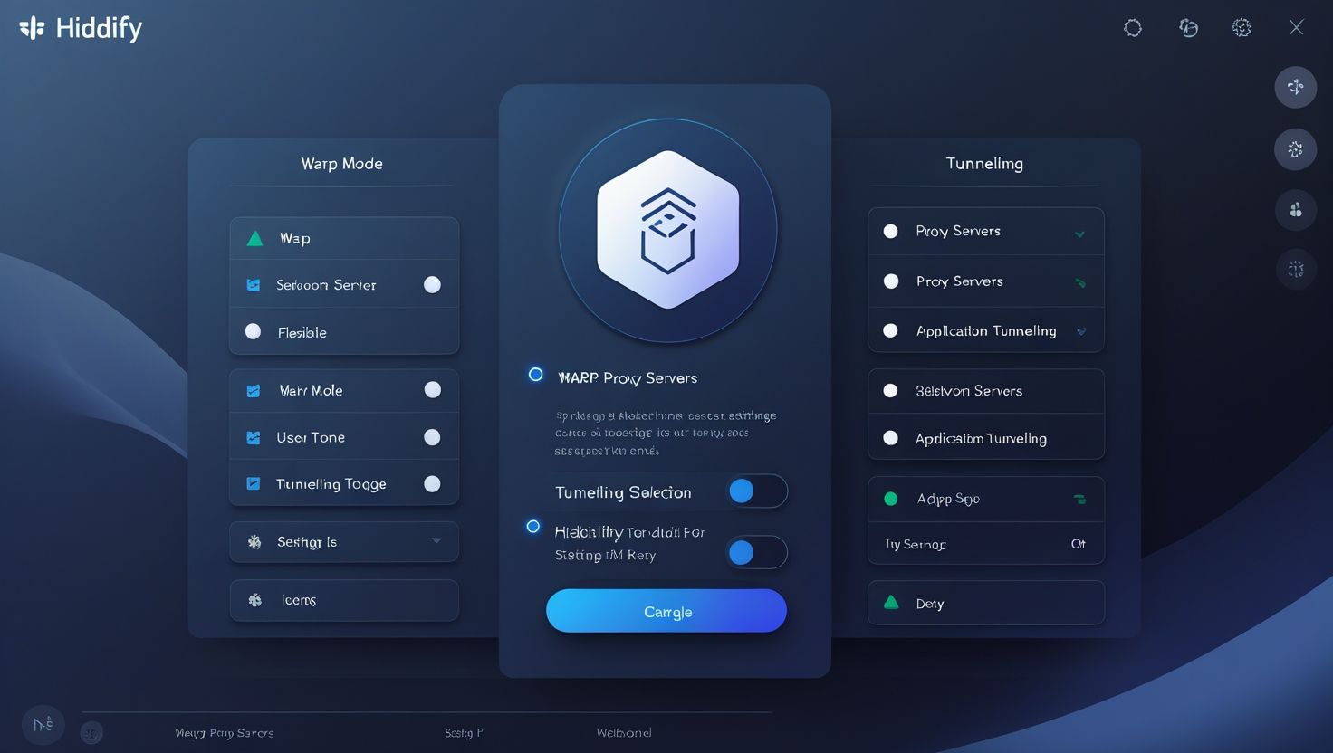 Интерфейс настройки VPN-приложения Hiddify с режимами Warp, прокси-серверами и параметрами туннелирования для безопасности сети
