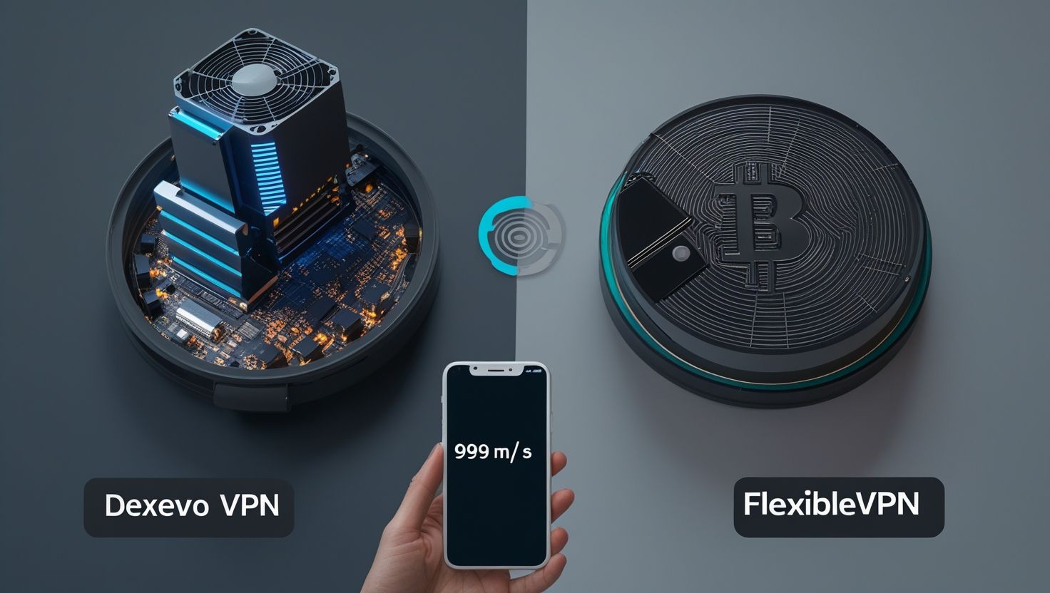сравнение dexevovpn и flexiblevpn в виде технического устройства и криптовалютного диска с телефоном показывающим скорость 999 мс