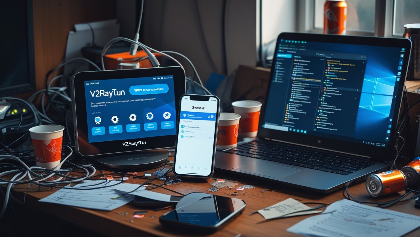 Рабочее место с ноутбуком, планшетом и смартфоном, запущенным V2RayTun, окружённое разбросанными бумагами, проводами и банками энергетика